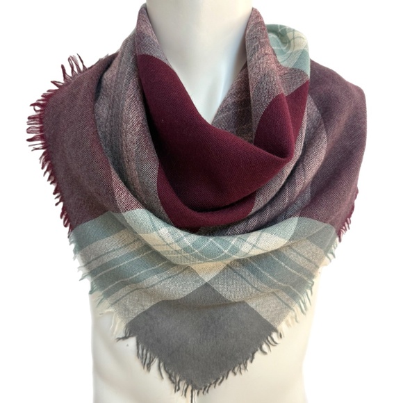 Dalgleish Scotland Vintage 100% Wool Tartan Scarf  – Burgundy, Grey & Aqua - Picture 1 of 9